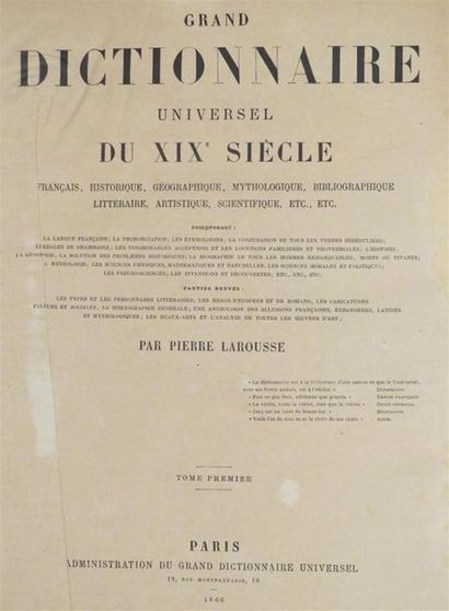 null LAROUSSE (Pierre). Grand Dictionnaire universel du XIXe siècle. Paris, Administration...