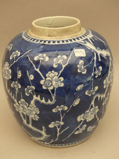 null Grand pot à gingembre en porcelaine bleu-blanc, décor en réserves de fleurs...