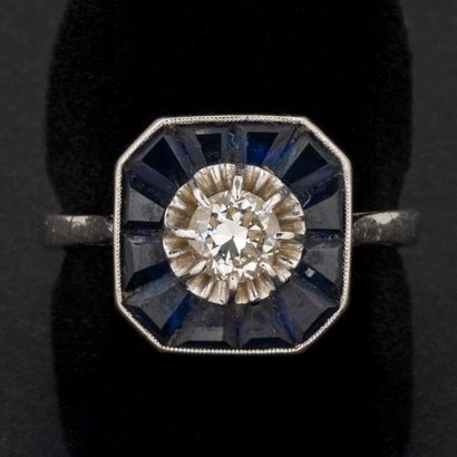 null Bague diamant taille brillant, 0.25 carat environ , entourage pierres bleues...