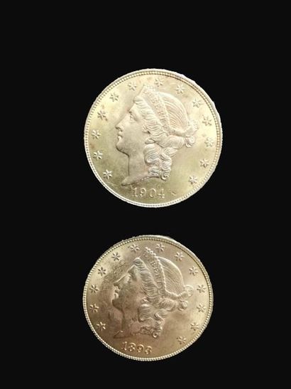 Deux pièces de 20 dollars or 1904 et 189...