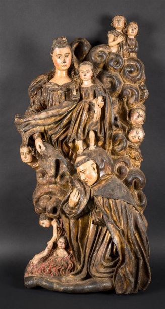 null Important groupe d'applique en bois sculpté et polychromé représentant saint...
