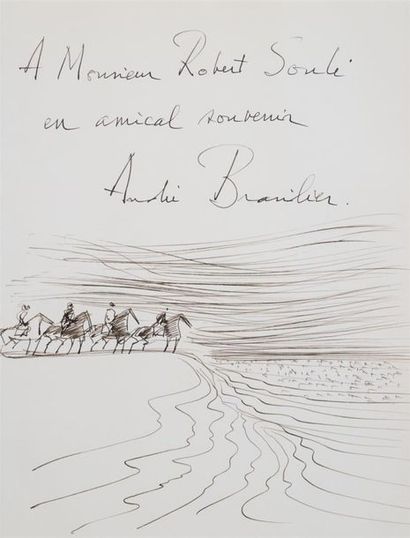 null André BRASILIER (1929)
Chevaux sur la plage
Encre signée et dédicacée en haut
30,5...