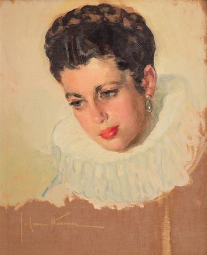 null José CRUZ HERRERA (1890-1972)
Femme à la collerette
Huile sur toile signée en...