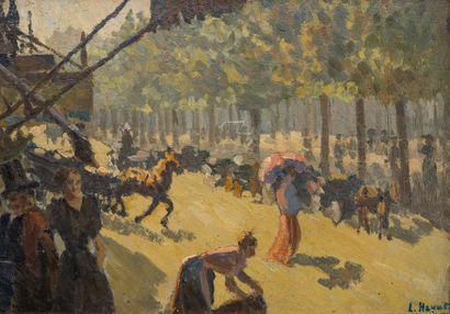 null Louis HAYET ( 1864-1940) 
Scène de rue Parisienne
Huile sur panneau, signée...