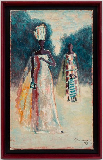  Gérard SEKOTO ( 1913-1993) Africaines Huile sur toile, signée en bas à droite, datée...