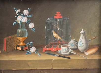 null Johann Rudolf FEYERABEND (LELONG) (1779-1814). 
Nature morte à la cage à oiseau...