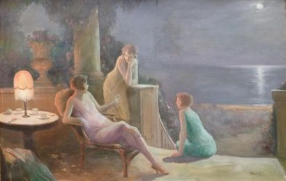 null René BALADES (XIX-XXème)
Discussion entre jeunes filles au clair de lune.
Huile...