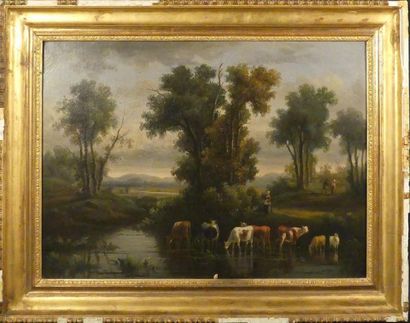 null ECOLE FRANCAISE XIXe
Paysage animé : Vaches à la rivière
Huile sur toile
60...