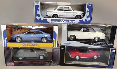 null Lot de 5 miniatures 1/18eme dont MAISTO, WELLY 403 de 1957 et ANSON BMW turbo...