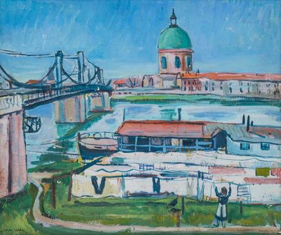 null Renée ASPE (1929-1969)
"Bord de Garonne - Dôme de l'Hôtel Dieu, Toulouse"
Gouache...