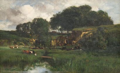 null Alexandre DEFAUX (1826-1900)
Vaches au pré
Huile sur toile signée en bas à droite
31...