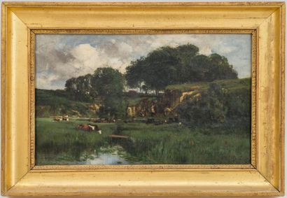 null Alexandre DEFAUX (1826-1900)
Vaches au pré
Huile sur toile signée en bas à droite
31...