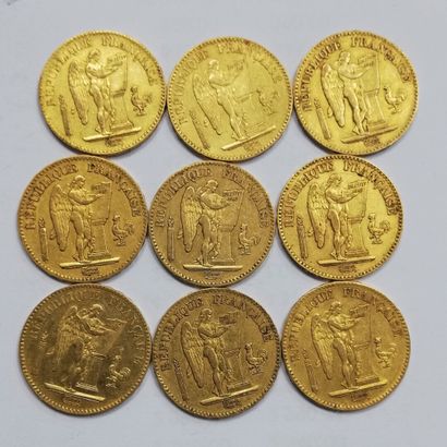 null 9 pieces of 20 Fr or Genie gold: 4 x 1849 A and 5x 1848 A