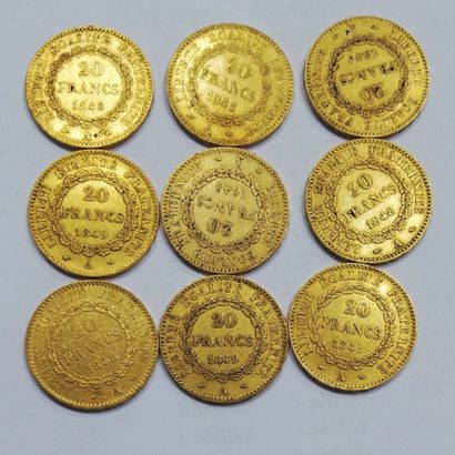 null 9 pièces de 20 Fr or Génie : 4 x 1849 A et 5x 1848 A