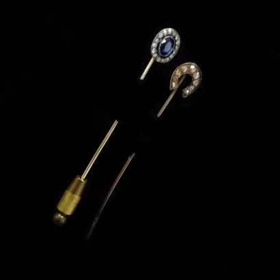 null Deux épingles à cravate or, diamants et saphir

Poids brut : 2,6 g.