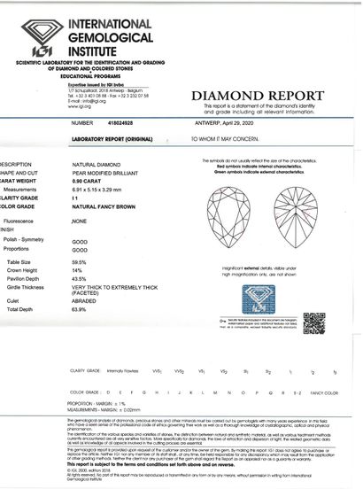null Bague moderniste diamant poire 0.90 carat natural fancy brown, I1 IGI 2020,...