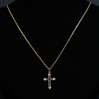null Cross pendant with calibrated sapphires and diamonds 8/8, gold setting, and...