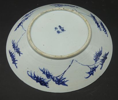 null A white-blue porcelain dish decorated with a central medallion of a lake city...