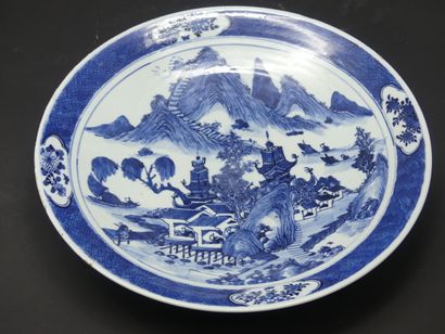 null A white-blue porcelain dish decorated with a central medallion of a lake city...
