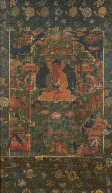 null Tangka sur toile représentant Cakaiamuni assis sur un lotus tenant la coupe...