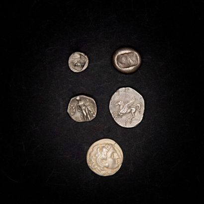 null Five Greek silver coins to study.