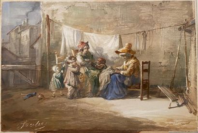 null Léon SOULIÉ (1807-1862)

Lavandières et enfants jouant

Huile sur papier signée...