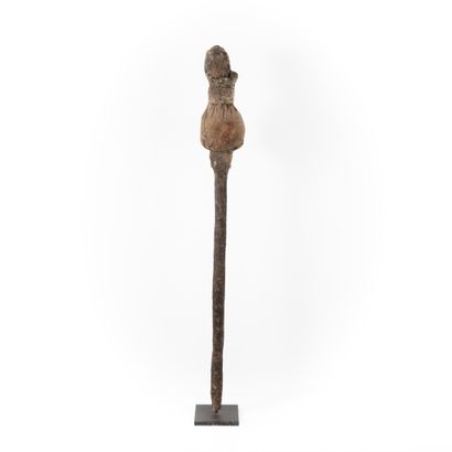null FON- BENIN 

Wooden magic stick topped by an open-mouthed fetish, wrapped in...