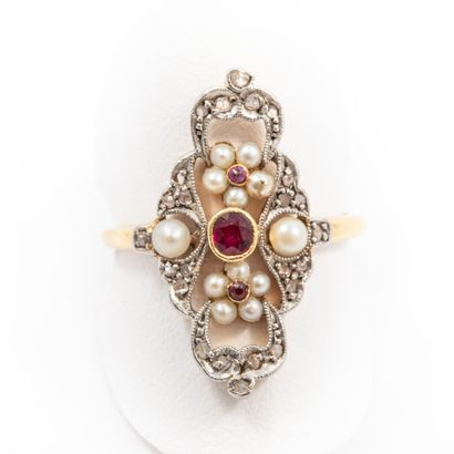null 
Shuttle ring, closed set rubies, rose cut diamonds and half cultured pearls,...