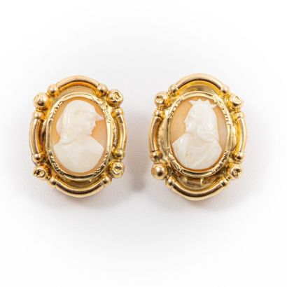 null Pair of earrings with elegant engraved cameo on shell, gold setting 

Gross...