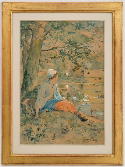 null Henry BACON (1839-1912) 

Jeune femme assise devant l'étang aux canards 

Aquarelle...