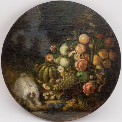 null FRENCH SCHOOL 19th century

Flowers and dog

Oil on panel in tondo signed down...
