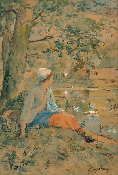 Henry BACON (1839-1912) 
Jeune femme assise...
