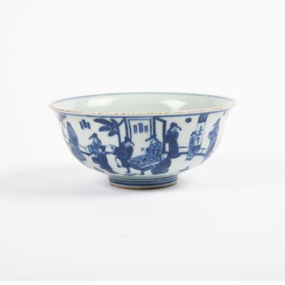 null A blue and white porcelain bowl, decorated with pavilions, terraces and gardens...