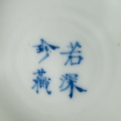 null 
Bol en porcelaine bleu-blanc de Hué à décor d'un pêcheur sur une berge, arboré...
