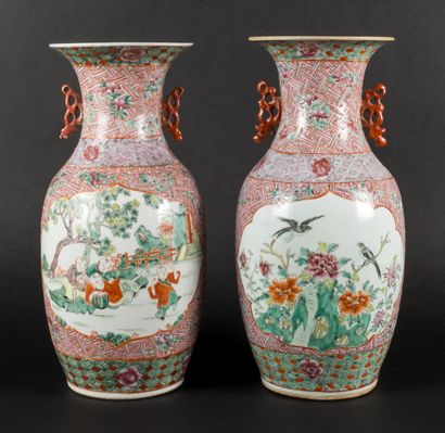 Pair of porcelain and enamel baluster vases...