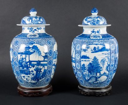  Pair of white-blue porcelain covered pots...