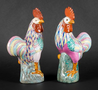 Pair of roosters in Famille Rose style. 
Canton,...