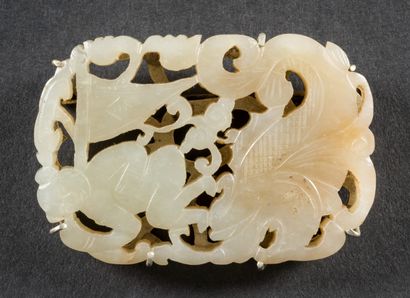 null Celadon jade openwork pendant decorated with a figure with a flag surmounting...