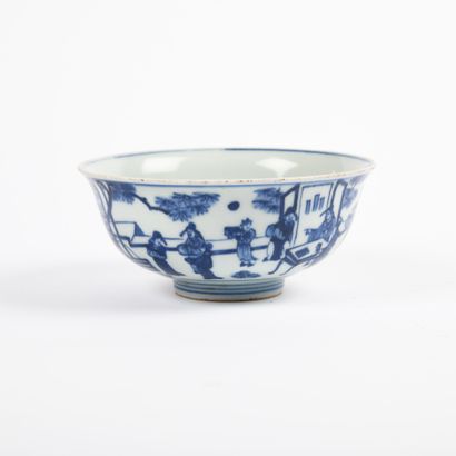 null A blue and white porcelain bowl, decorated with pavilions, terraces and gardens...