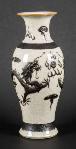Beige cracked porcelain vase with relief...