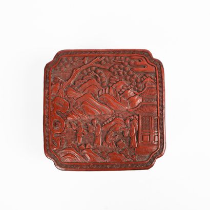 null Quadrangular box in cinnabar lacquer, decorated with sages and their disciples...