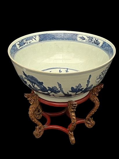 null Large white-blue porcelain bowl decorated with quails among peony trees in bloom,...