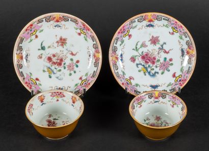 null Two cups and their saucers in polychrome porcelain with famille rose decoration...