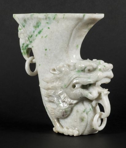 null White Honan serpentine jade vase with green veins and dragon decoration

China,...