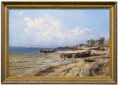null Alfred GODCHAUX (1835-1895)

Lively beachfront on the Bassin d'Arcachon

Oil...