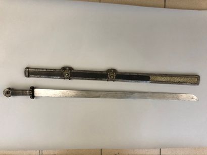 null Large Tibetan ritual sword of 960mm long. Straight flat blade with point in...