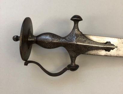 null Indian Talwar, symmetrical steel spindle, two thick hemispherical guard arms,...