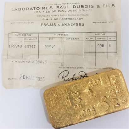 null 1 Lingot 1 Kg or 999.9 % Bulletin d'essai Paul DUBOIS 1956