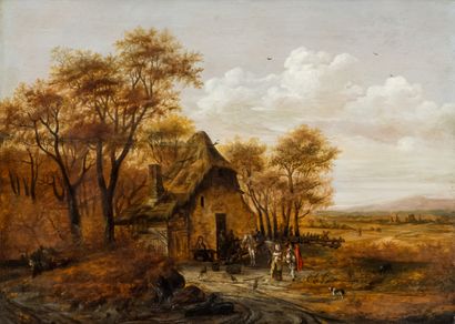 null Attributed to Jan Van der MEER 

Cottage in an undergrowth with rider, villagers...