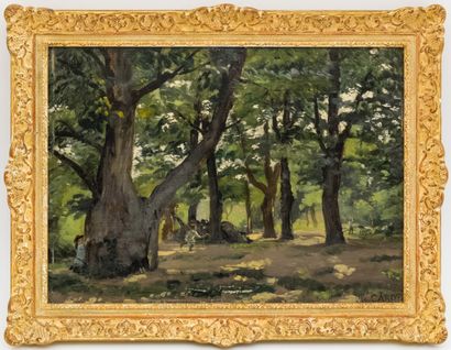 null Henri CAROT (XIX-XXth)

Child with a hoop in the chestnut grove.

Oil on panel...